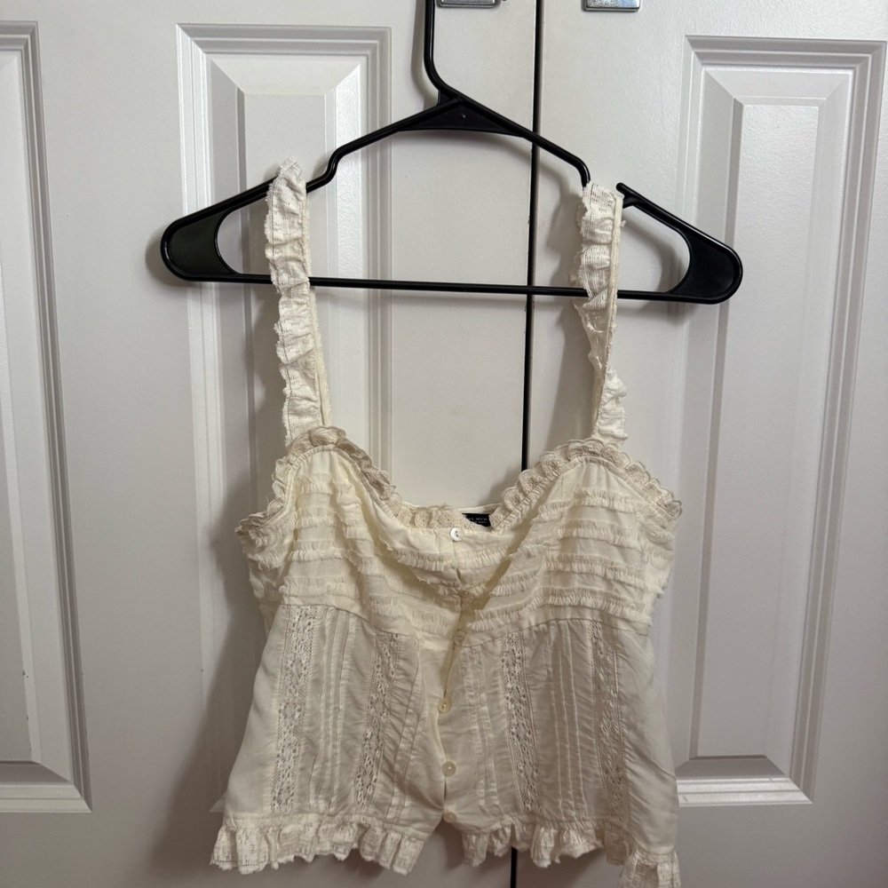 Zara Cream Ruffled Lace-Trim Tank Top